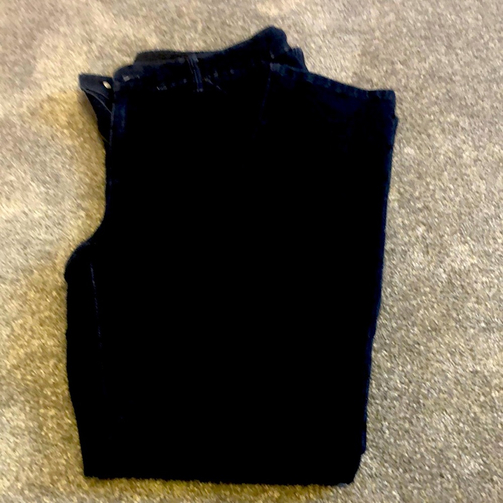Chico’s straight leg blue jeans with black polka dots.